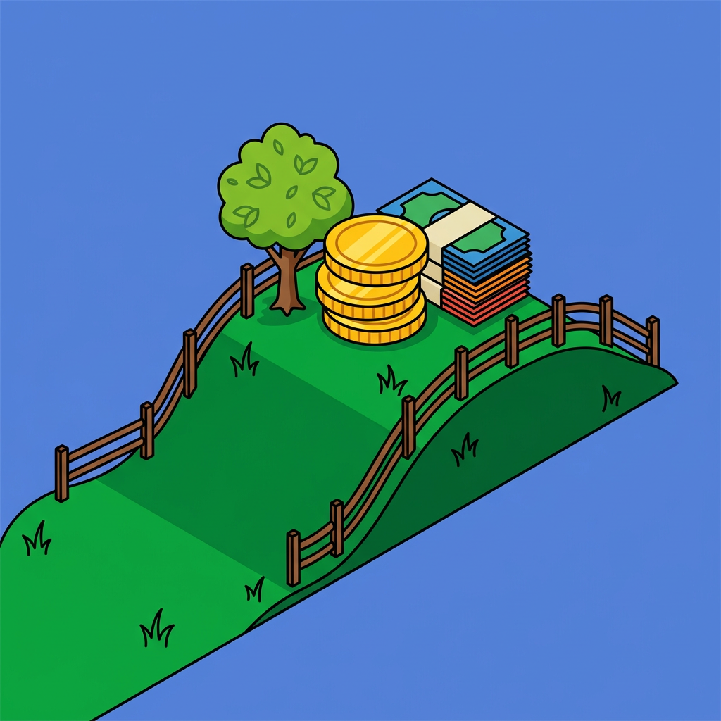 Illustration : une colline verte portant des pièces d’or empilées, des billets et un arbre.