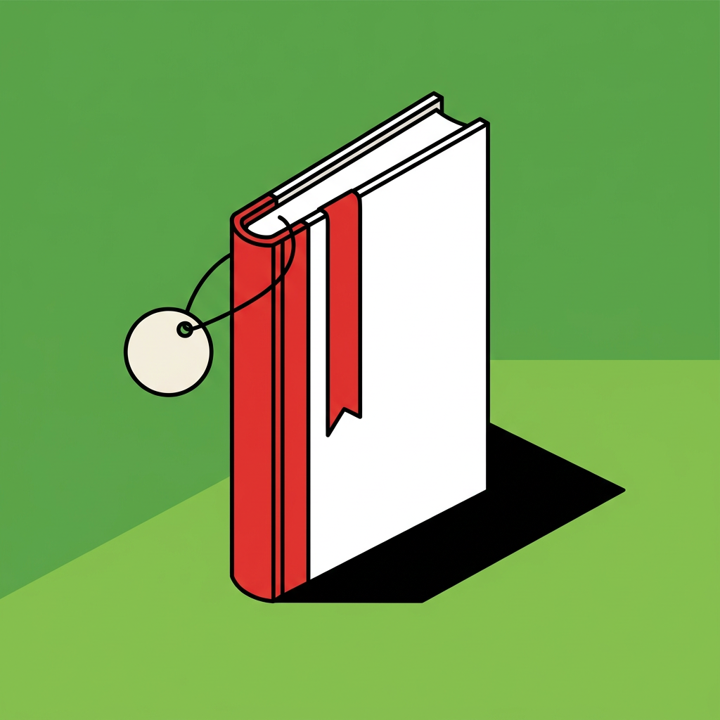 Illustration : un livre debout à couverture blanche et dos rouge, avec un signet rouge et une étiquette de prix ronde.